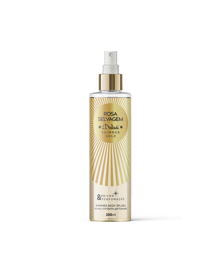Frasco do Body Splash Dubai Shimmer Creed Gold 200ml da Rosa Selvagem