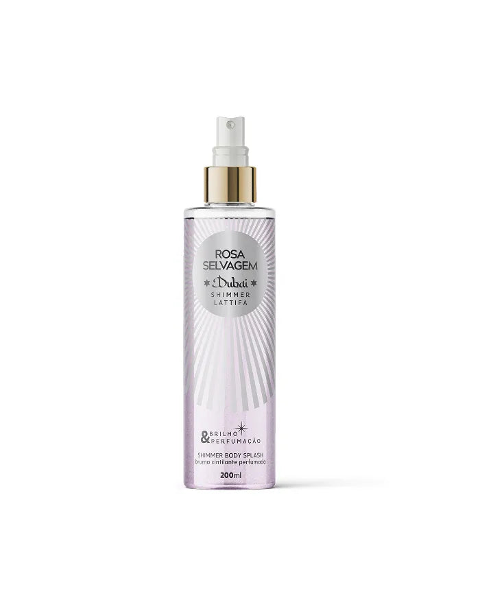 Frasco do Body Splash Dubai Shimmer Lattifa 200ml da Rosa Selvagem