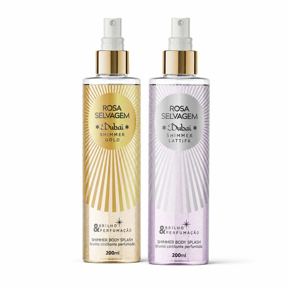 Kit com dois Body Splash Dubai Shimmer de 200ml, Lattifa e Creed Gold, da Rosa Selvagem