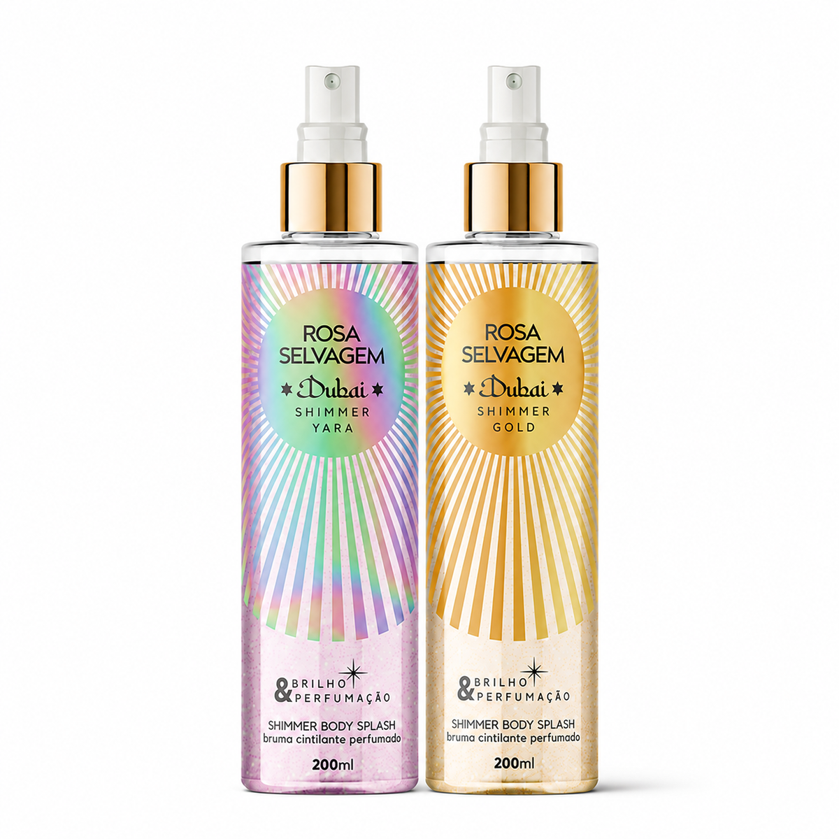 Kit com dois Body Splash Dubai Shimmer de 200ml, Yara e Creed Gold, da Rosa Selvagem